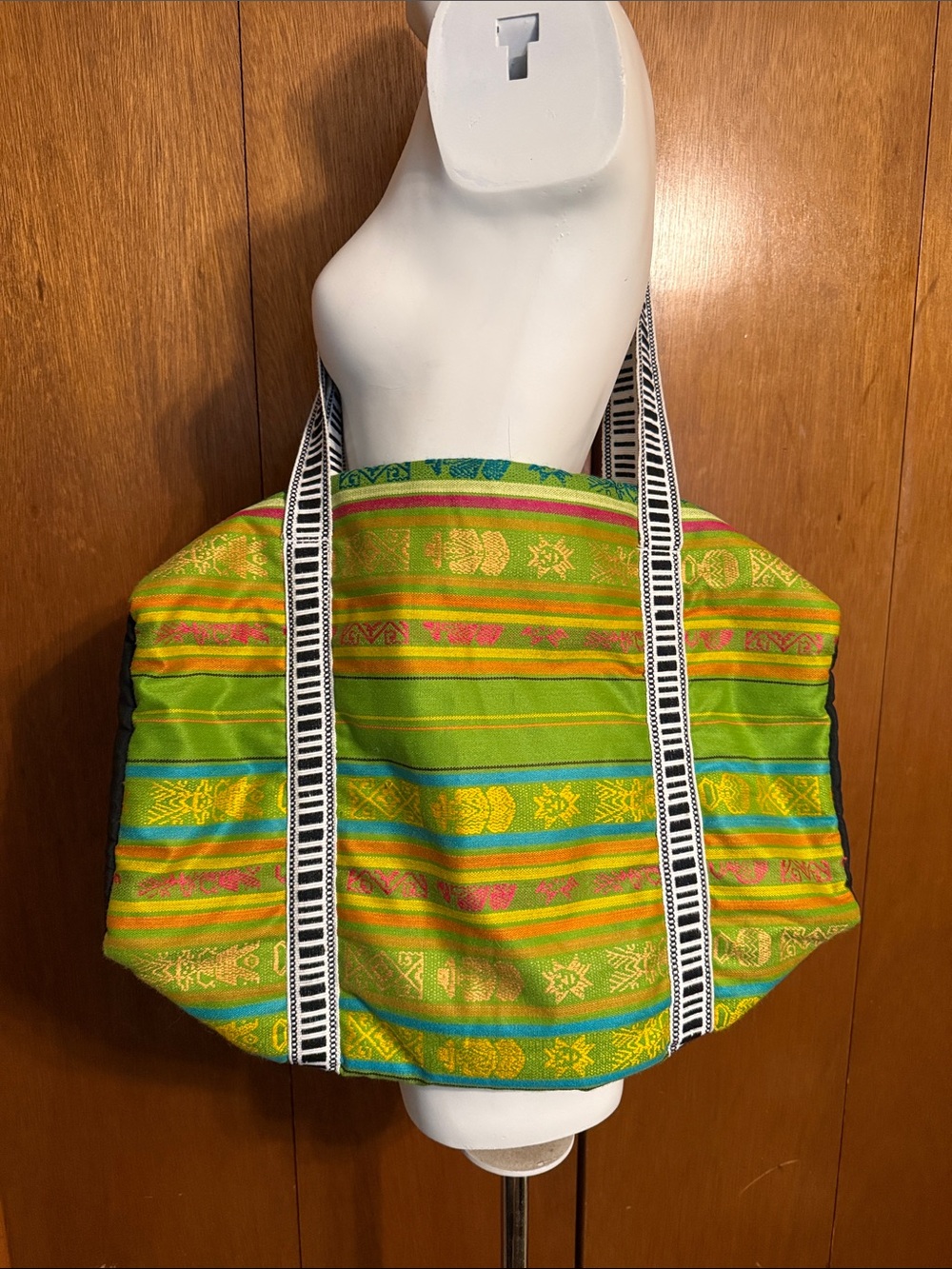 Handwoven Green Striped Large Tote with Patterned Straps